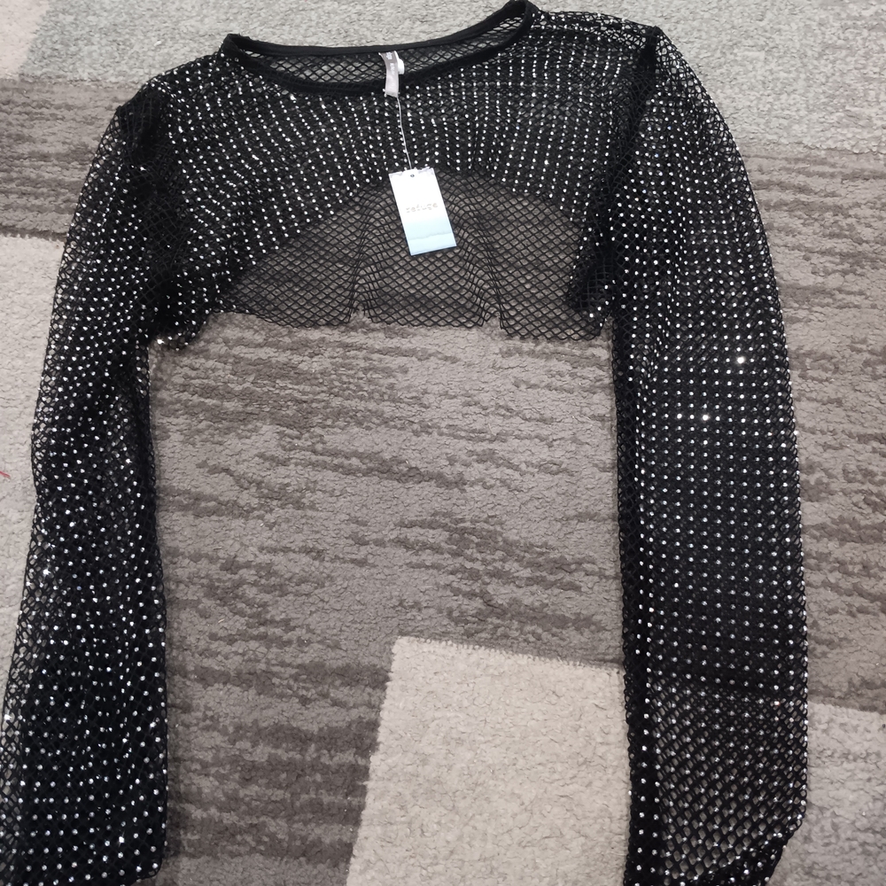 Refuge Black Mesh Crop Top with Rhinestones